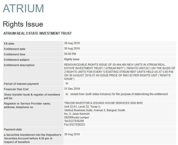 Atrium REIT rights issue announcement. 