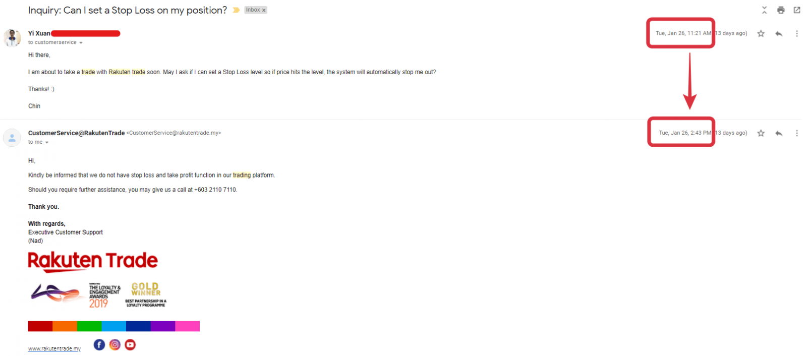 Just me randomly testing Rakuten Trade's customer service. The response has been quick.