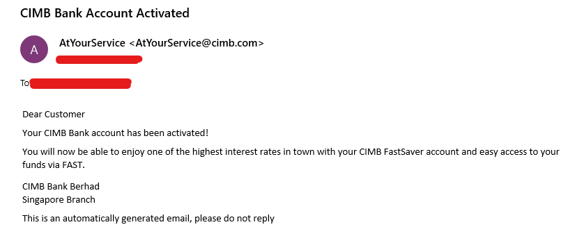 CIMB SG Account Activation Email