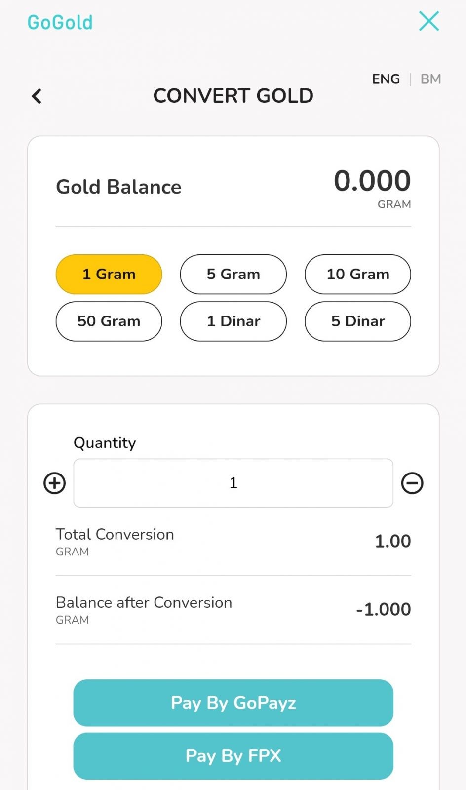 Convert gold in GoGold easily from 1 gram.