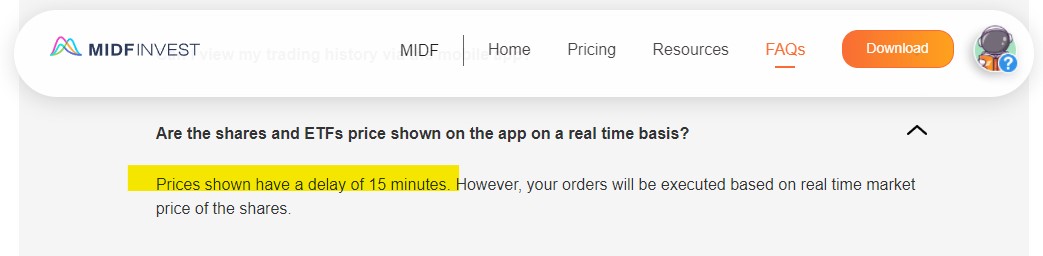 MIDF Invest only offer delayed pricing, where you have to pay for real-time datafeed.