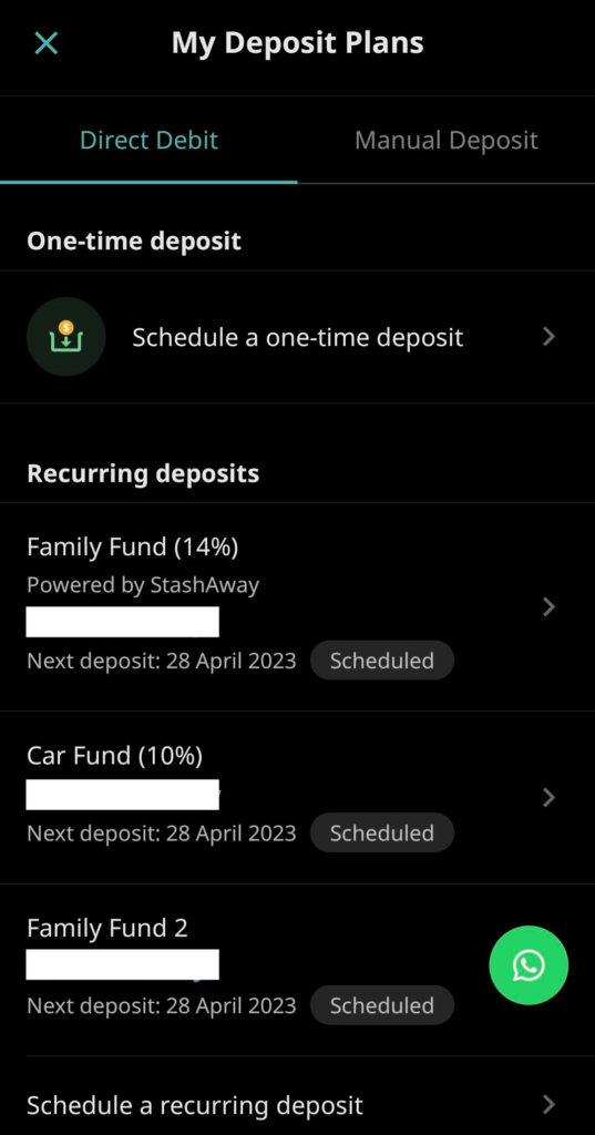StashAway recurring deposit direct debit feature