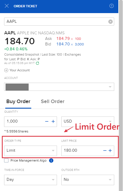 Interactive Brokers (IBKR) order types: Limit Order